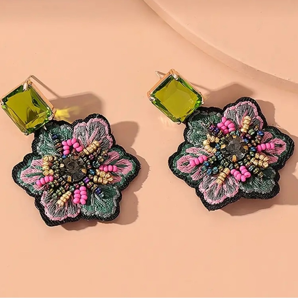 🛍️ 3FOR20 | Floral Embroidered Earrings with Green and Pink Accents